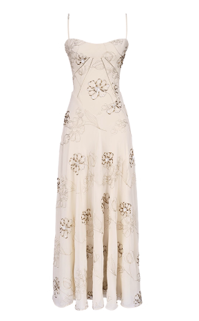 奢华飘逸香草色手工珠绣花卉超长连衣裙